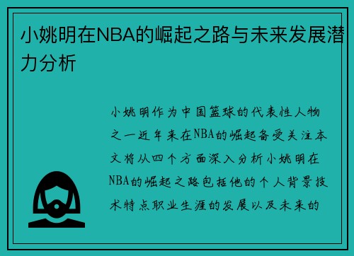 小姚明在NBA的崛起之路与未来发展潜力分析