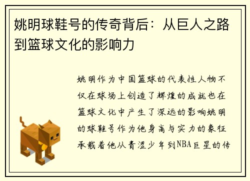 姚明球鞋号的传奇背后：从巨人之路到篮球文化的影响力