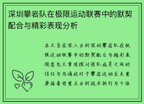 深圳攀岩队在极限运动联赛中的默契配合与精彩表现分析